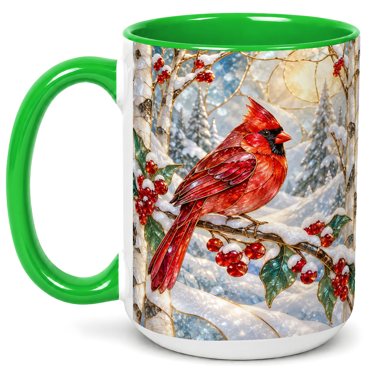 #pl[15oz|Green] Winter Cardinal Coffee Mug, Red Bird Mug, Ceramic Cup