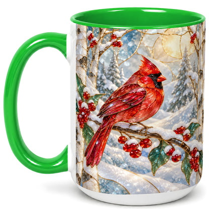 #pl[15oz|Green] Winter Cardinal Coffee Mug, Red Bird Mug, Ceramic Cup