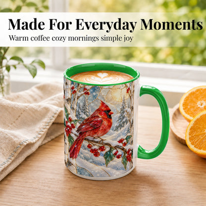 #pl[15oz|Green] Winter Cardinal Coffee Mug, Red Bird Mug, Ceramic Cup