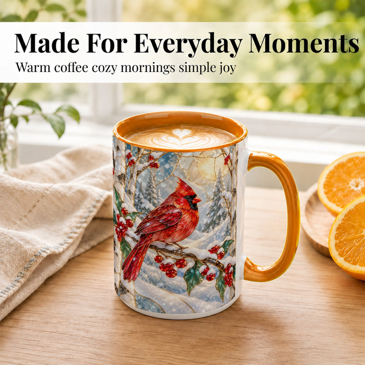 #pl[15oz|Orange] Winter Cardinal Coffee Mug, Red Bird Mug, Ceramic Cup