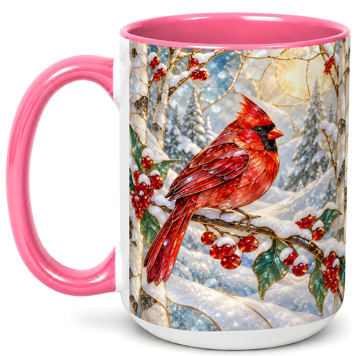 #pl[15oz|Pink] Winter Cardinal Coffee Mug, Red Bird Mug, Ceramic Cup