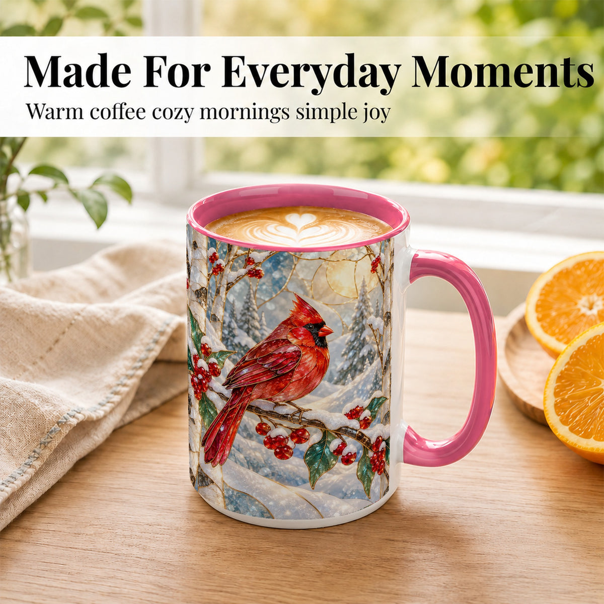 #pl[15oz|Pink] Winter Cardinal Coffee Mug, Red Bird Mug, Ceramic Cup