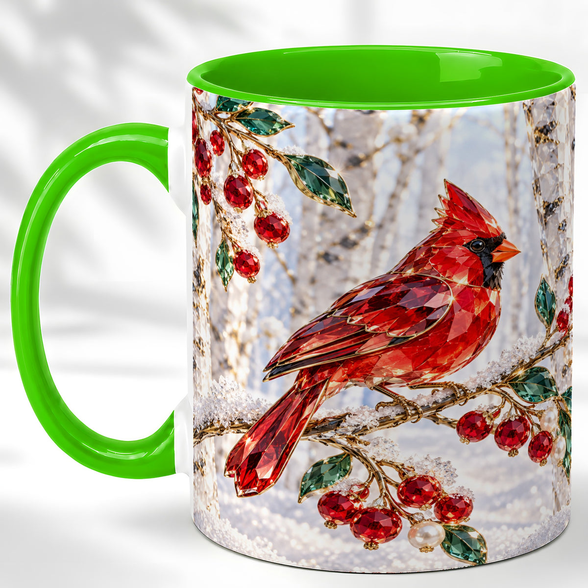 #pl[11oz|Green] Winter Cardinal Coffee Mug, Red Bird Mug, Ceramic Cup