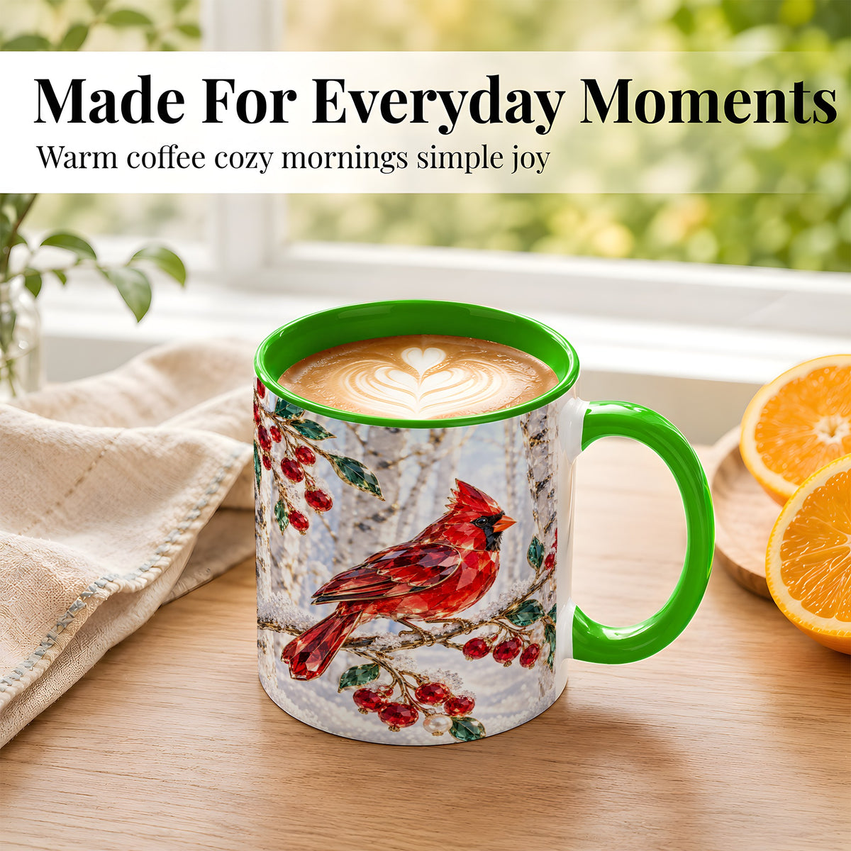 #pl[11oz|Green] Winter Cardinal Coffee Mug, Red Bird Mug, Ceramic Cup