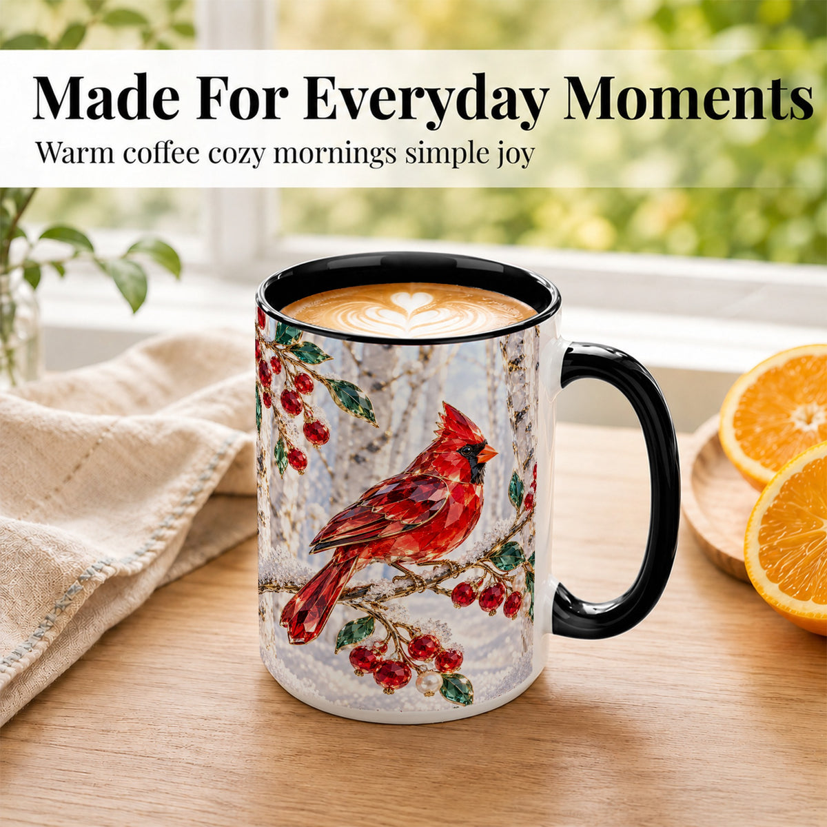 #pl[15oz|Black] Winter Cardinal Coffee Mug, Red Bird Mug, Ceramic Cup