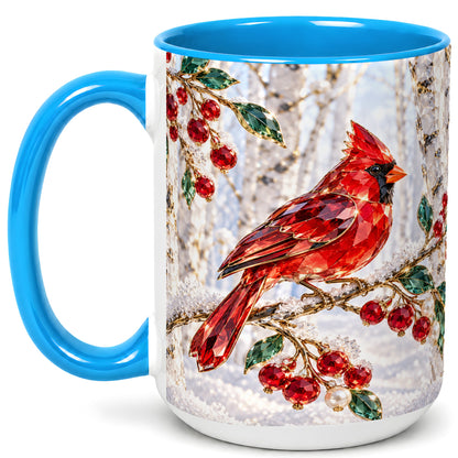 #pl[15oz|Blue] Winter Cardinal Coffee Mug, Red Bird Mug, Ceramic Cup