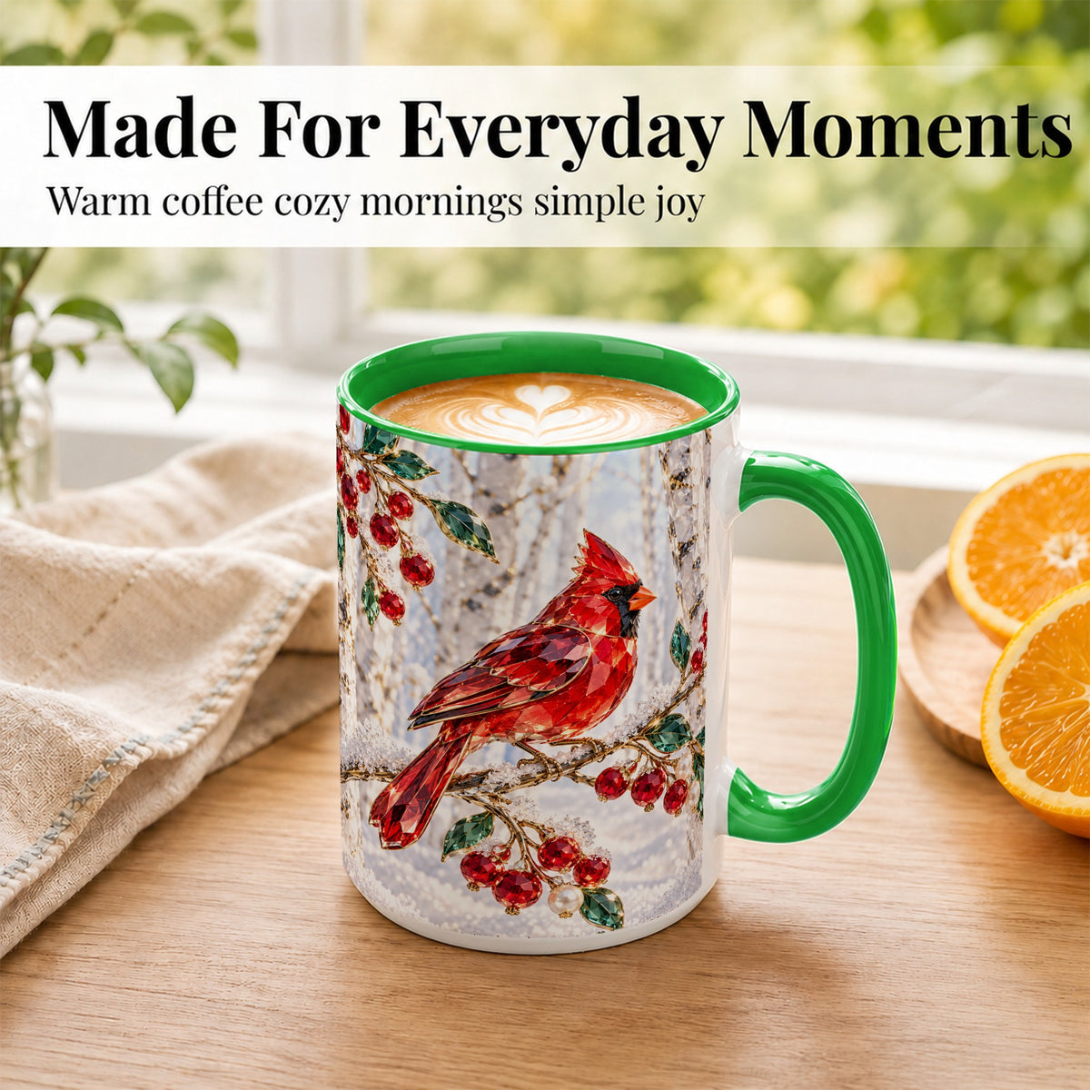 #pl[15oz|Green] Winter Cardinal Coffee Mug, Red Bird Mug, Ceramic Cup