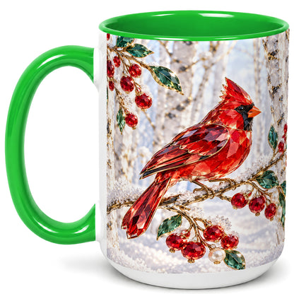 #pl[15oz|Green] Winter Cardinal Coffee Mug, Red Bird Mug, Ceramic Cup