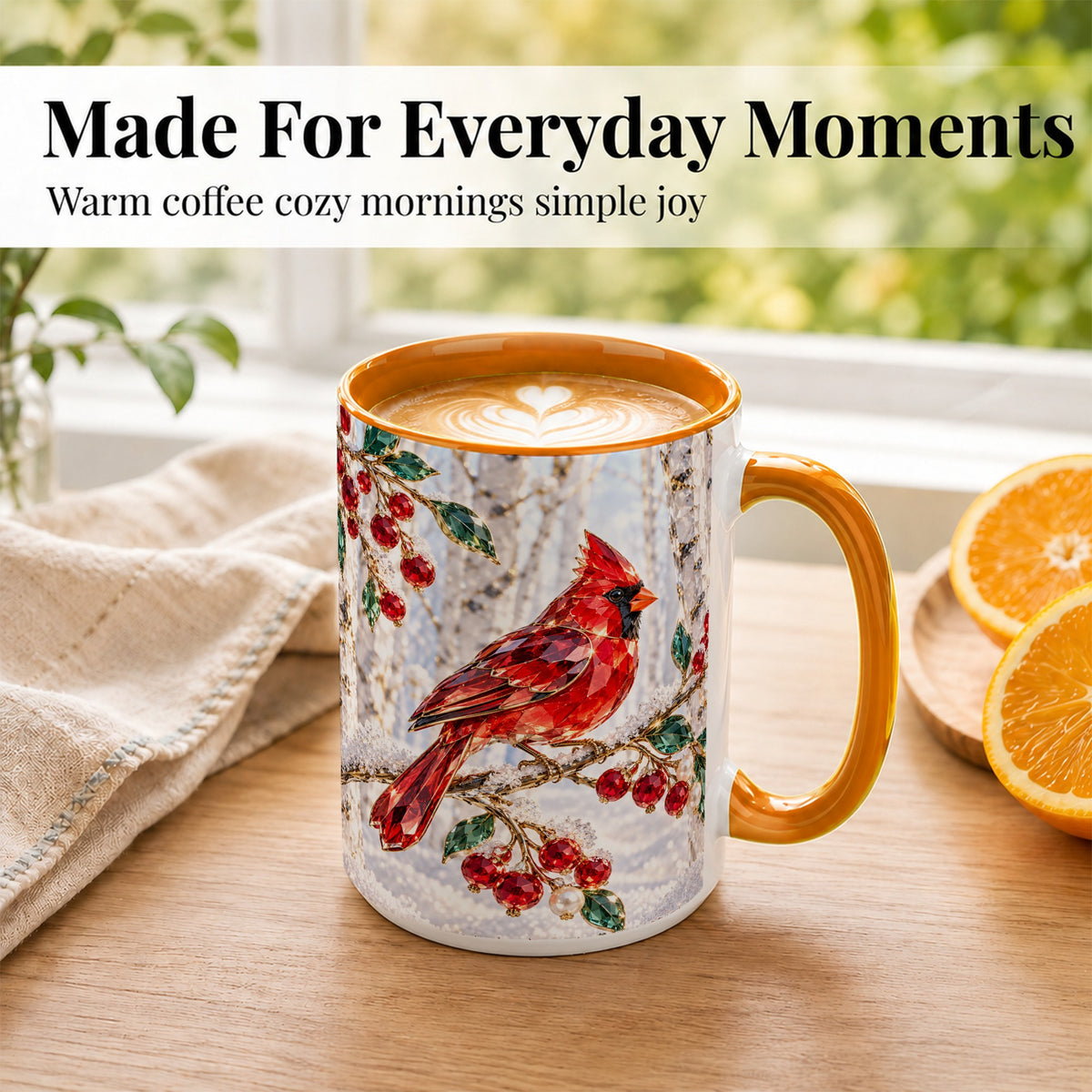 #pl[15oz|Orange] Winter Cardinal Coffee Mug, Red Bird Mug, Ceramic Cup