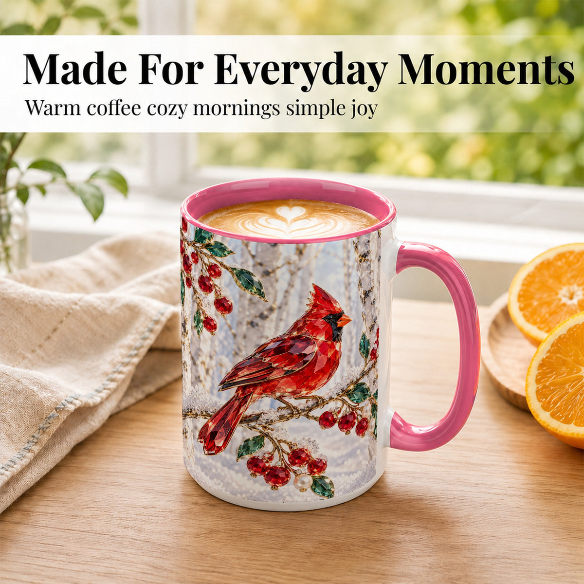 #pl[15oz|Pink] Winter Cardinal Coffee Mug, Red Bird Mug, Ceramic Cup