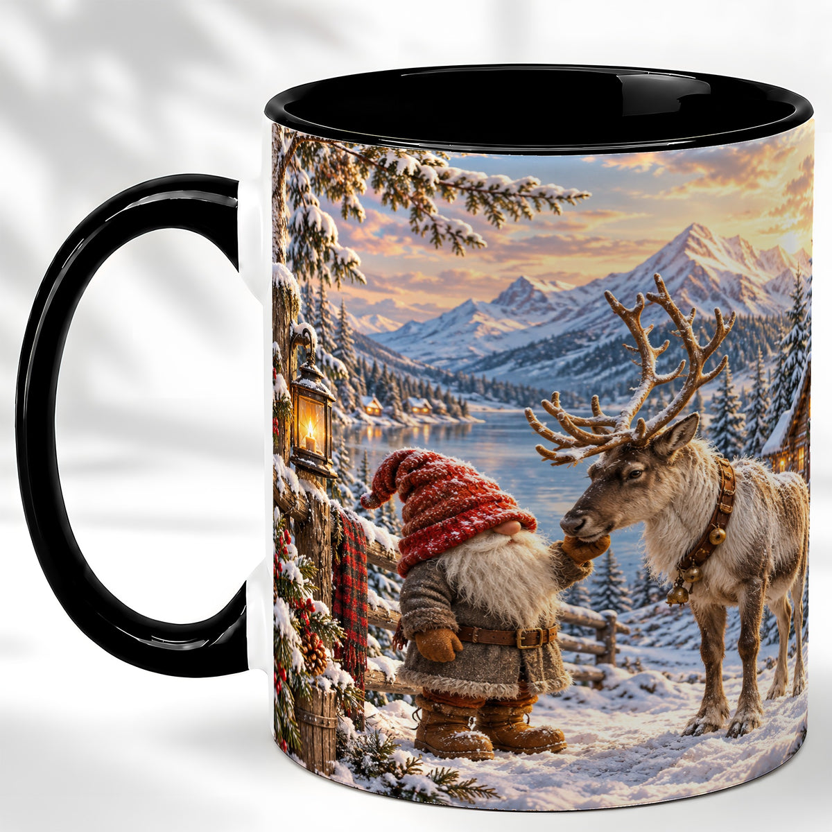 #pl[11oz|Black] Winter Gnome Reindeer Coffee Mug, Mountain Mug, Ceramic Cup