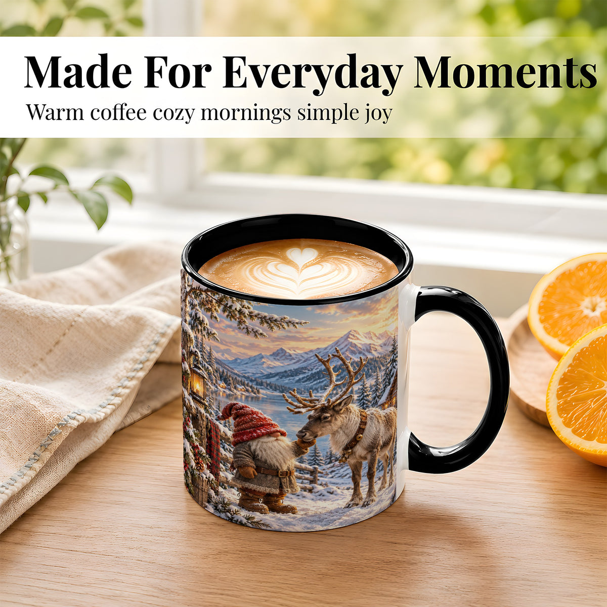 #pl[11oz|Black] Winter Gnome Reindeer Coffee Mug, Mountain Mug, Ceramic Cup
