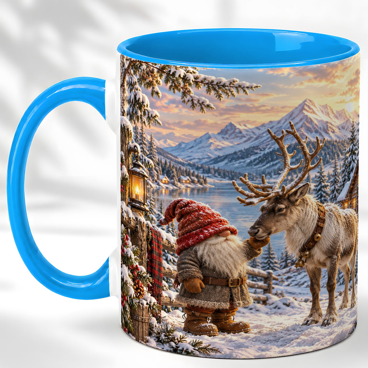 #pl[11oz|Blue] Winter Gnome Reindeer Coffee Mug, Mountain Mug, Ceramic Cup