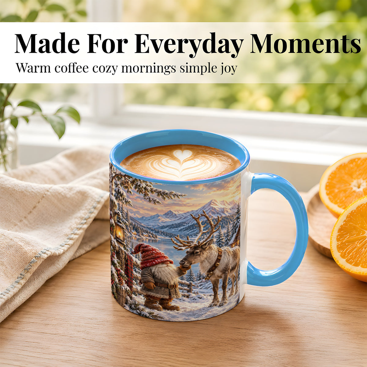 #pl[11oz|Blue] Winter Gnome Reindeer Coffee Mug, Mountain Mug, Ceramic Cup