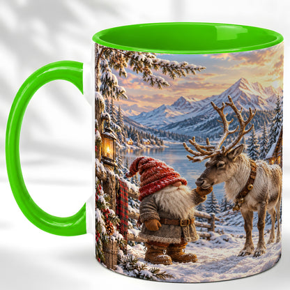 #pl[11oz|Green] Winter Gnome Reindeer Coffee Mug, Mountain Mug, Ceramic Cup