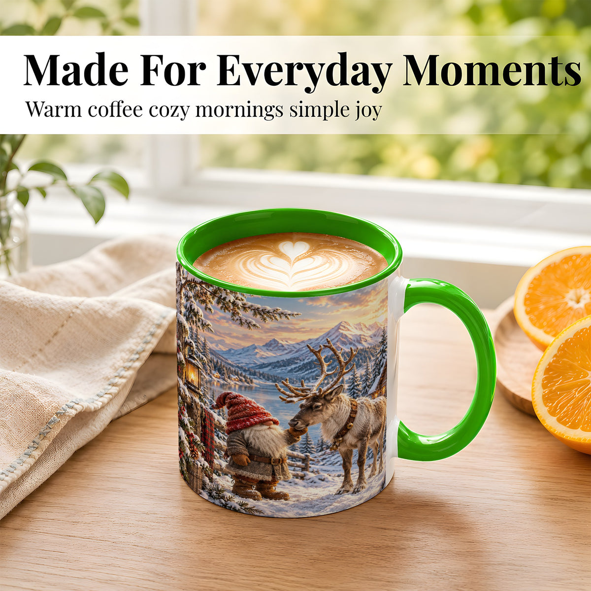 #pl[11oz|Green] Winter Gnome Reindeer Coffee Mug, Mountain Mug, Ceramic Cup