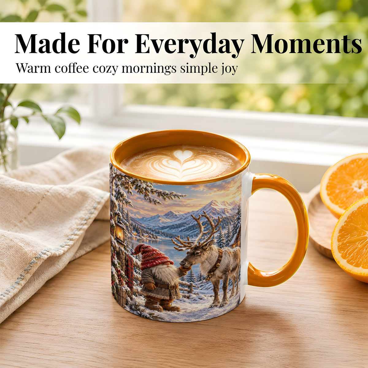 #pl[11oz|Orange] Winter Gnome Reindeer Coffee Mug, Mountain Mug, Ceramic Cup