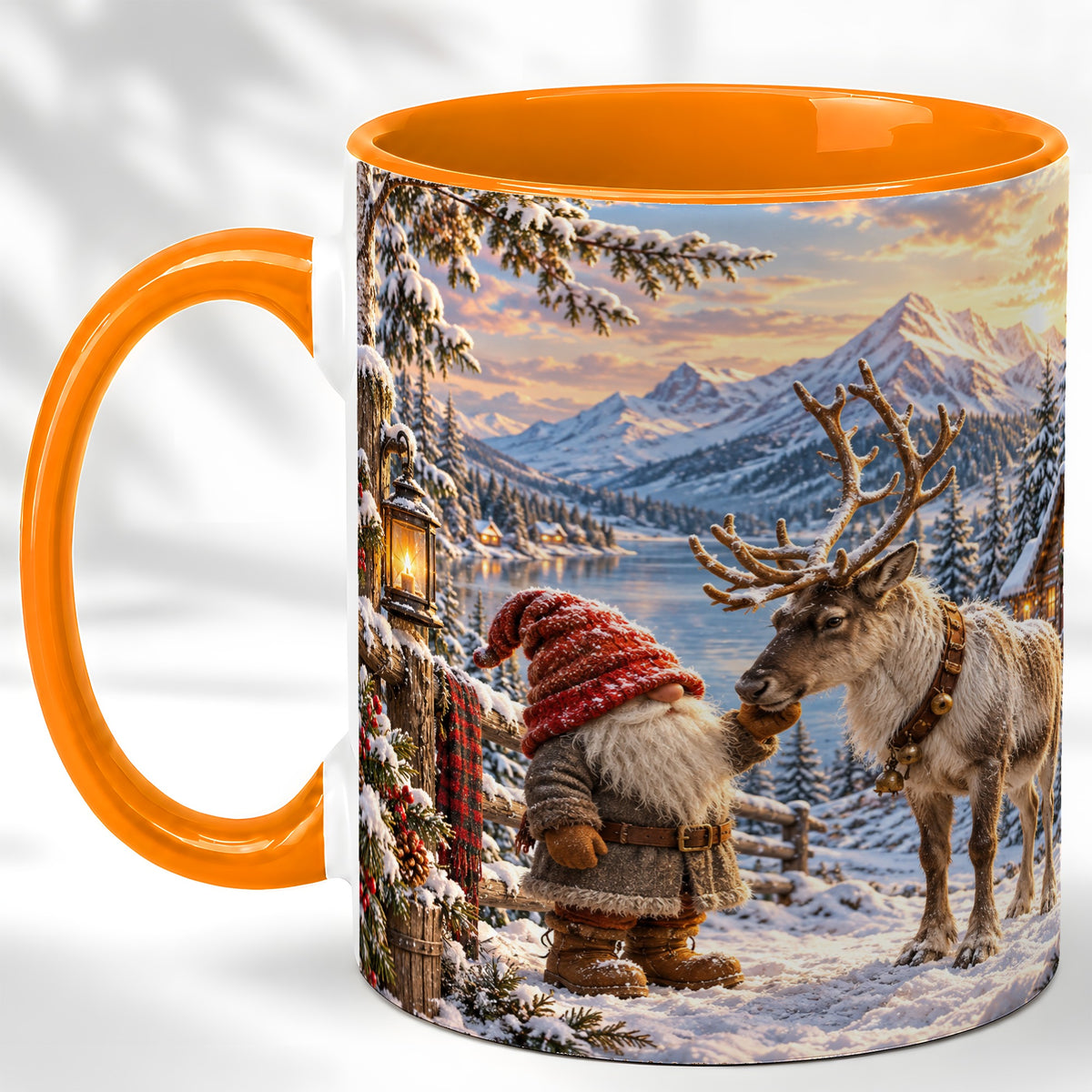 #pl[11oz|Orange] Winter Gnome Reindeer Coffee Mug, Mountain Mug, Ceramic Cup