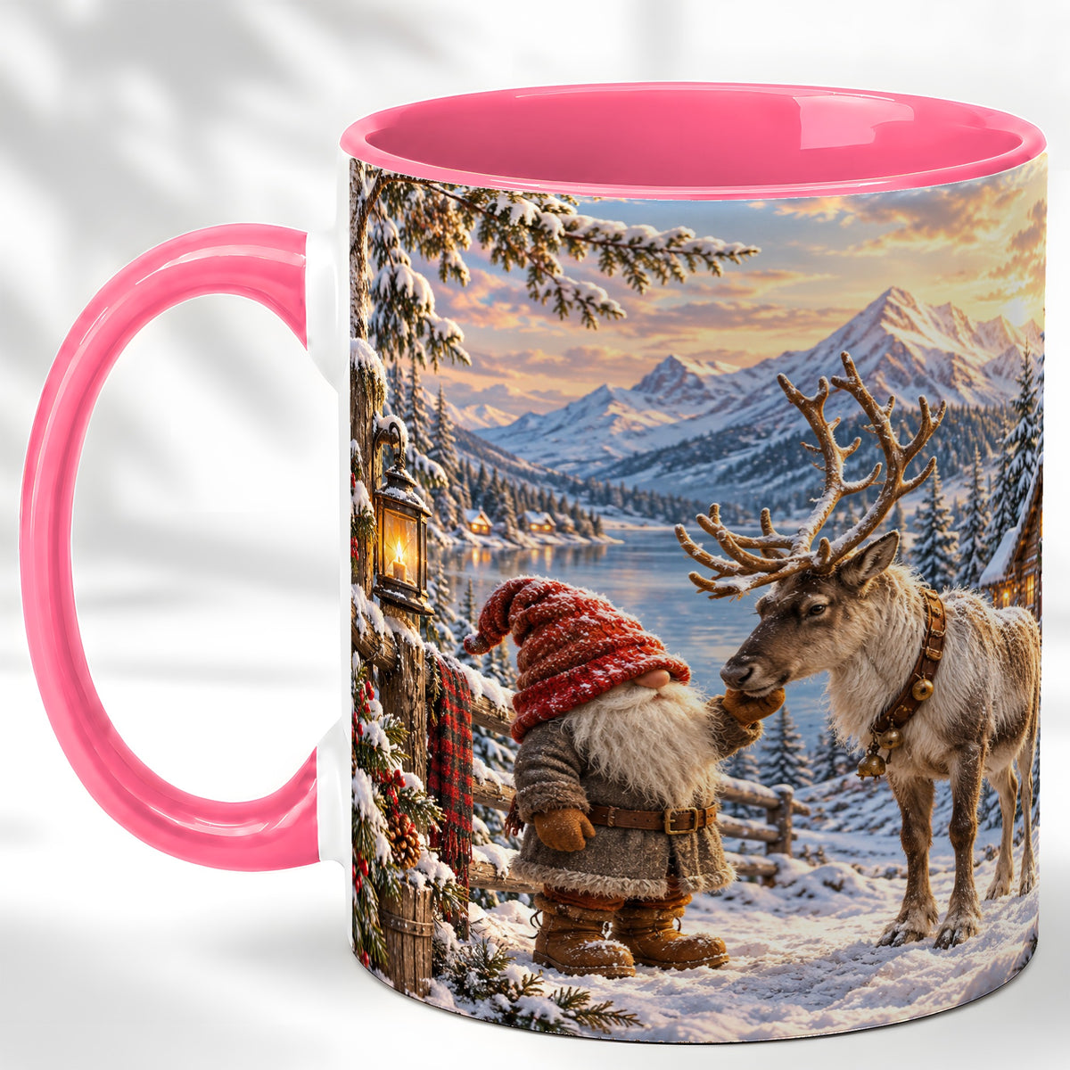 #pl[11oz|Pink] Winter Gnome Reindeer Coffee Mug, Mountain Mug, Ceramic Cup