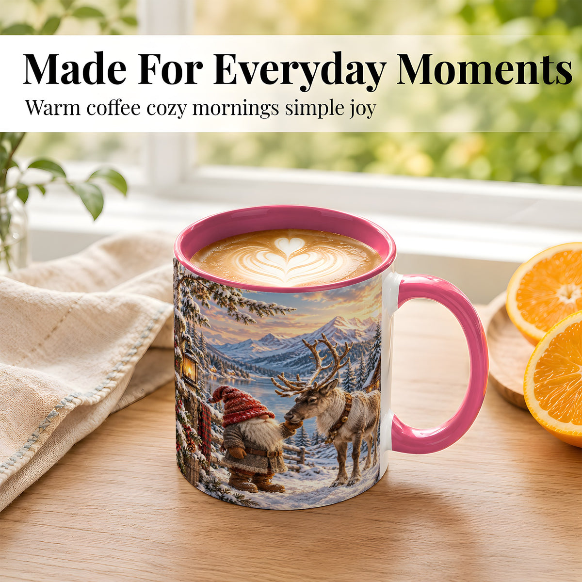 #pl[11oz|Pink] Winter Gnome Reindeer Coffee Mug, Mountain Mug, Ceramic Cup