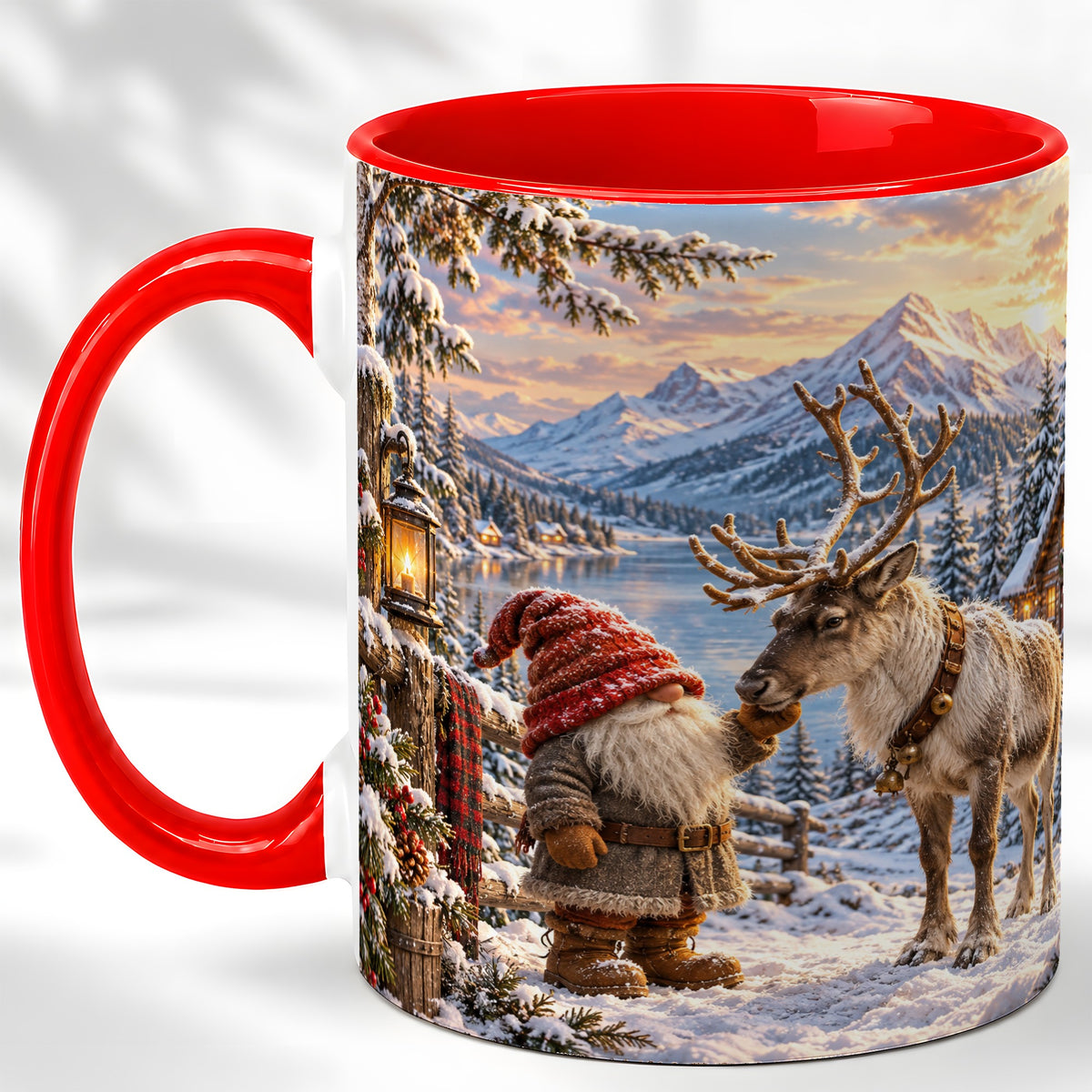 Winter Gnome Reindeer Coffee Mug, Mountain Mug, Ceramic Cup
