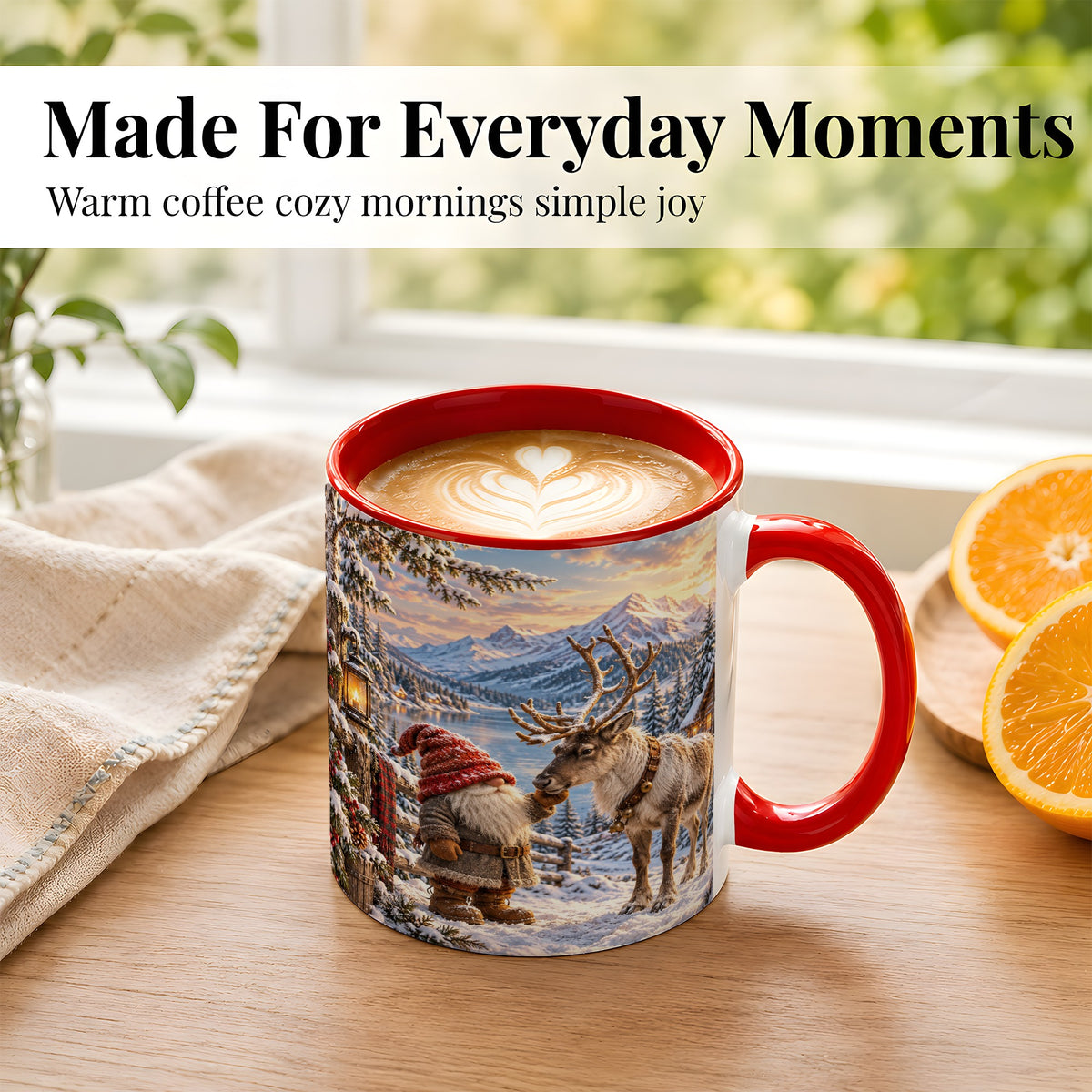 #pl[11oz|Red] Winter Gnome Reindeer Coffee Mug, Mountain Mug, Ceramic Cup