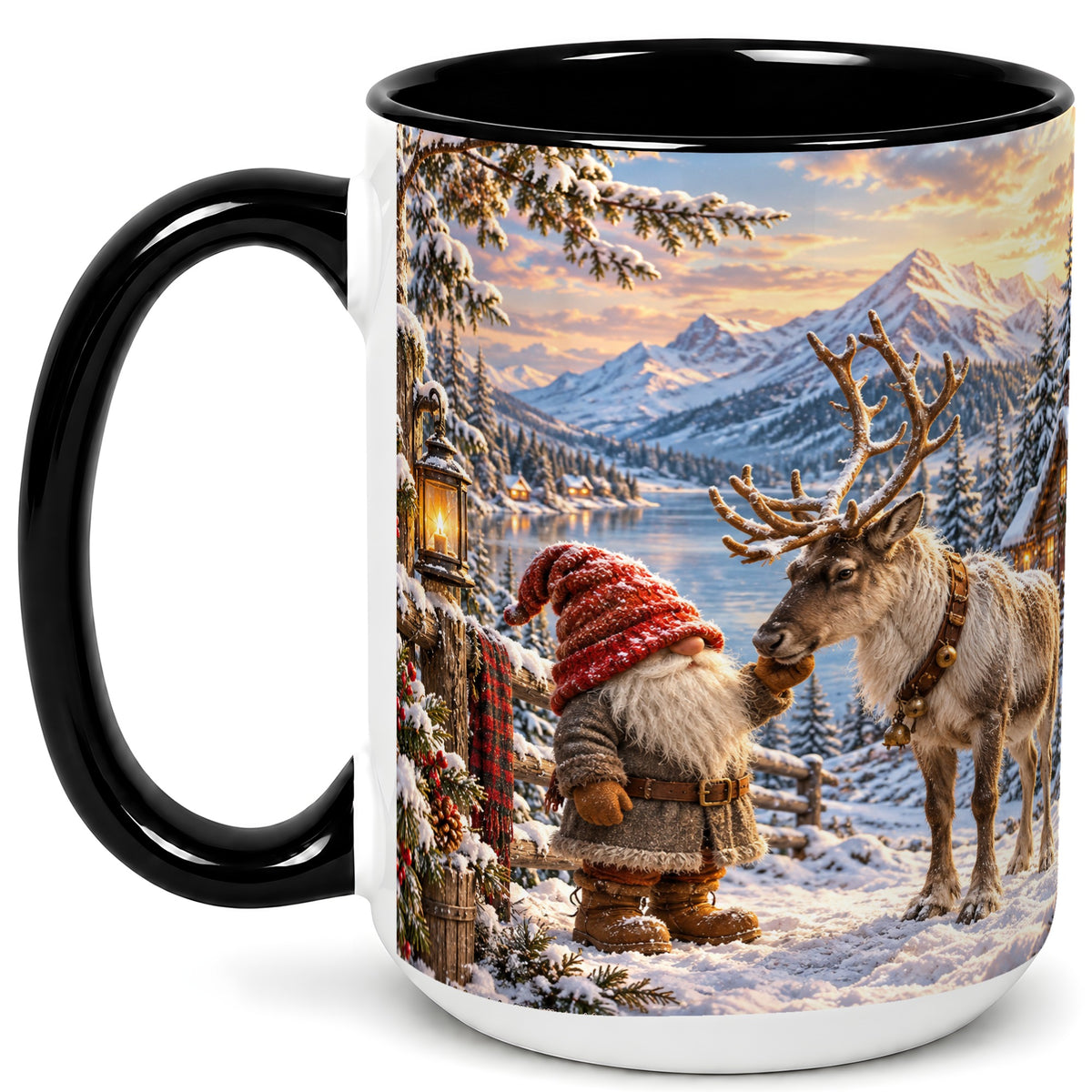 #pl[15oz|Black] Winter Gnome Reindeer Coffee Mug, Mountain Mug, Ceramic Cup