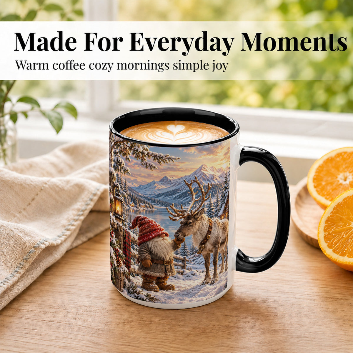 #pl[15oz|Black] Winter Gnome Reindeer Coffee Mug, Mountain Mug, Ceramic Cup