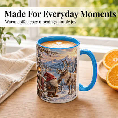 #pl[15oz|Blue] Winter Gnome Reindeer Coffee Mug, Mountain Mug, Ceramic Cup