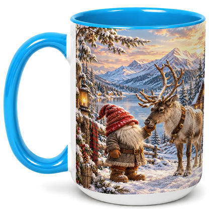 #pl[15oz|Blue] Winter Gnome Reindeer Coffee Mug, Mountain Mug, Ceramic Cup