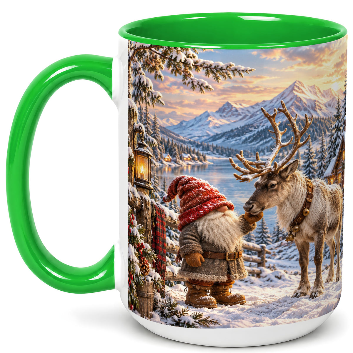 #pl[15oz|Green] Winter Gnome Reindeer Coffee Mug, Mountain Mug, Ceramic Cup