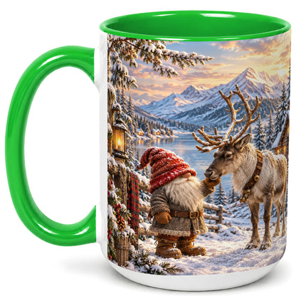 #pl[15oz|Green] Winter Gnome Reindeer Coffee Mug, Mountain Mug, Ceramic Cup