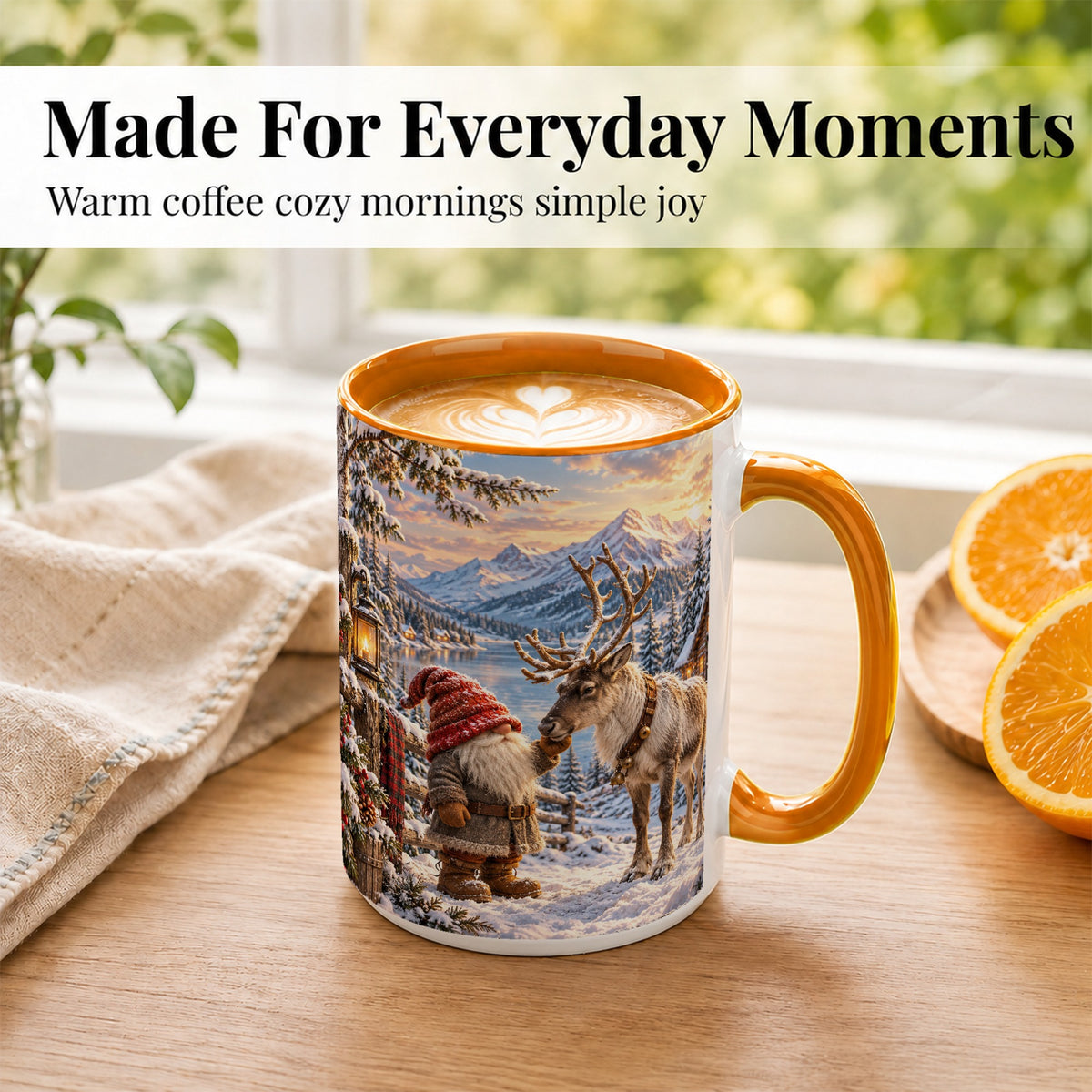#pl[15oz|Orange] Winter Gnome Reindeer Coffee Mug, Mountain Mug, Ceramic Cup