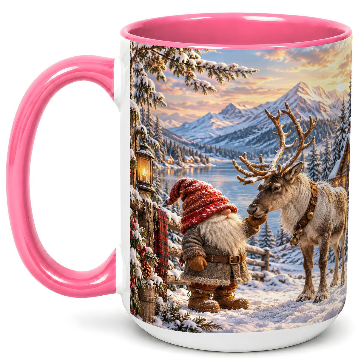#pl[15oz|Pink] Winter Gnome Reindeer Coffee Mug, Mountain Mug, Ceramic Cup