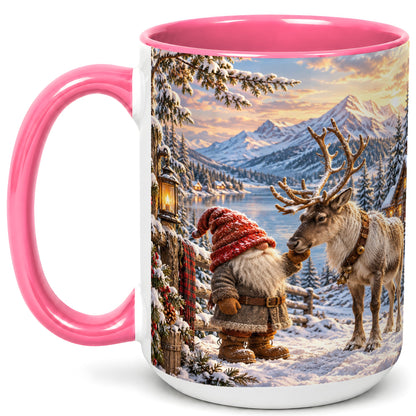 #pl[15oz|Pink] Winter Gnome Reindeer Coffee Mug, Mountain Mug, Ceramic Cup