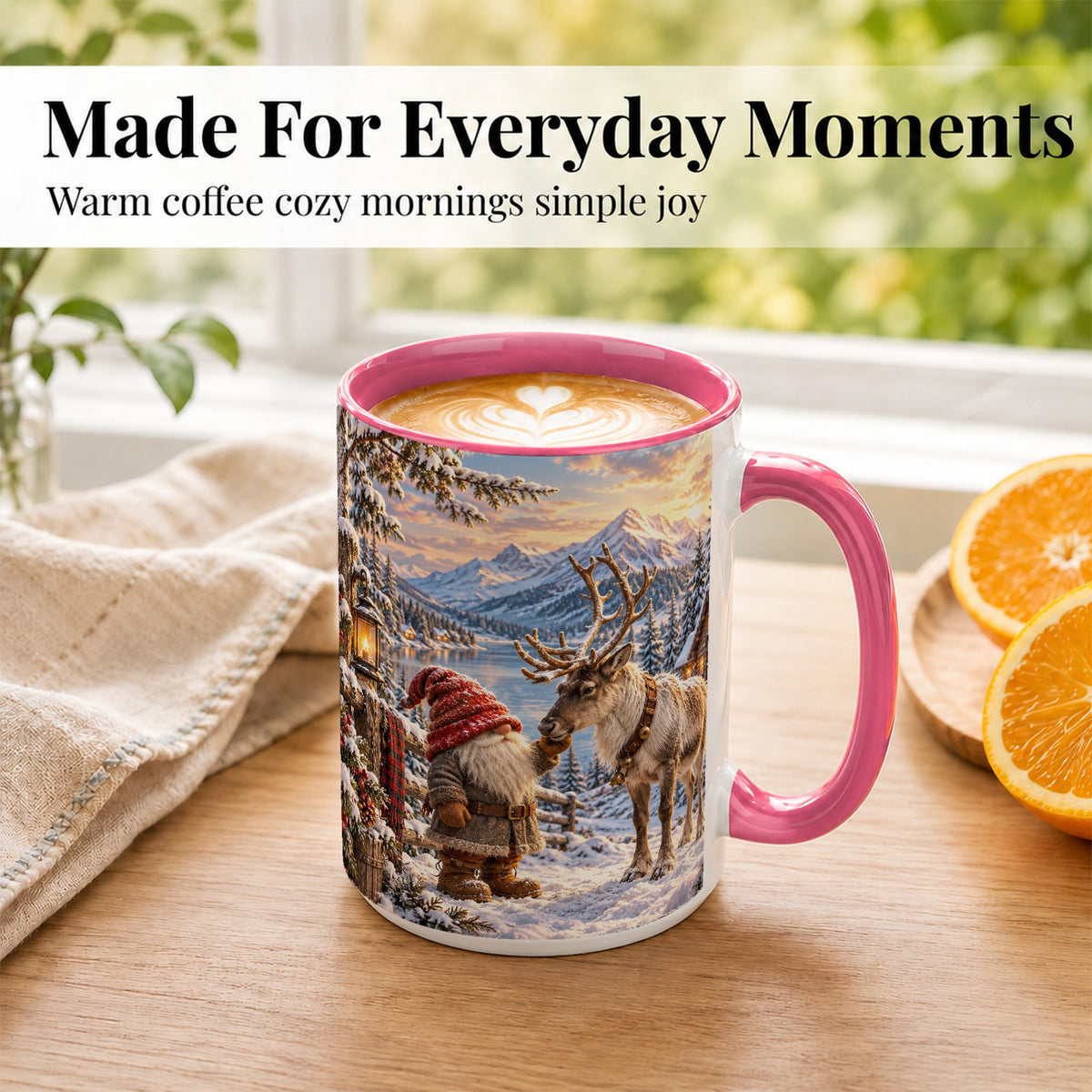 #pl[15oz|Pink] Winter Gnome Reindeer Coffee Mug, Mountain Mug, Ceramic Cup