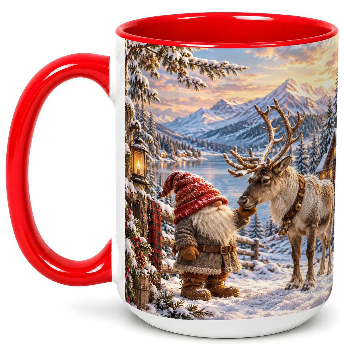 #pl[15oz|Red] Winter Gnome Reindeer Coffee Mug, Mountain Mug, Ceramic Cup