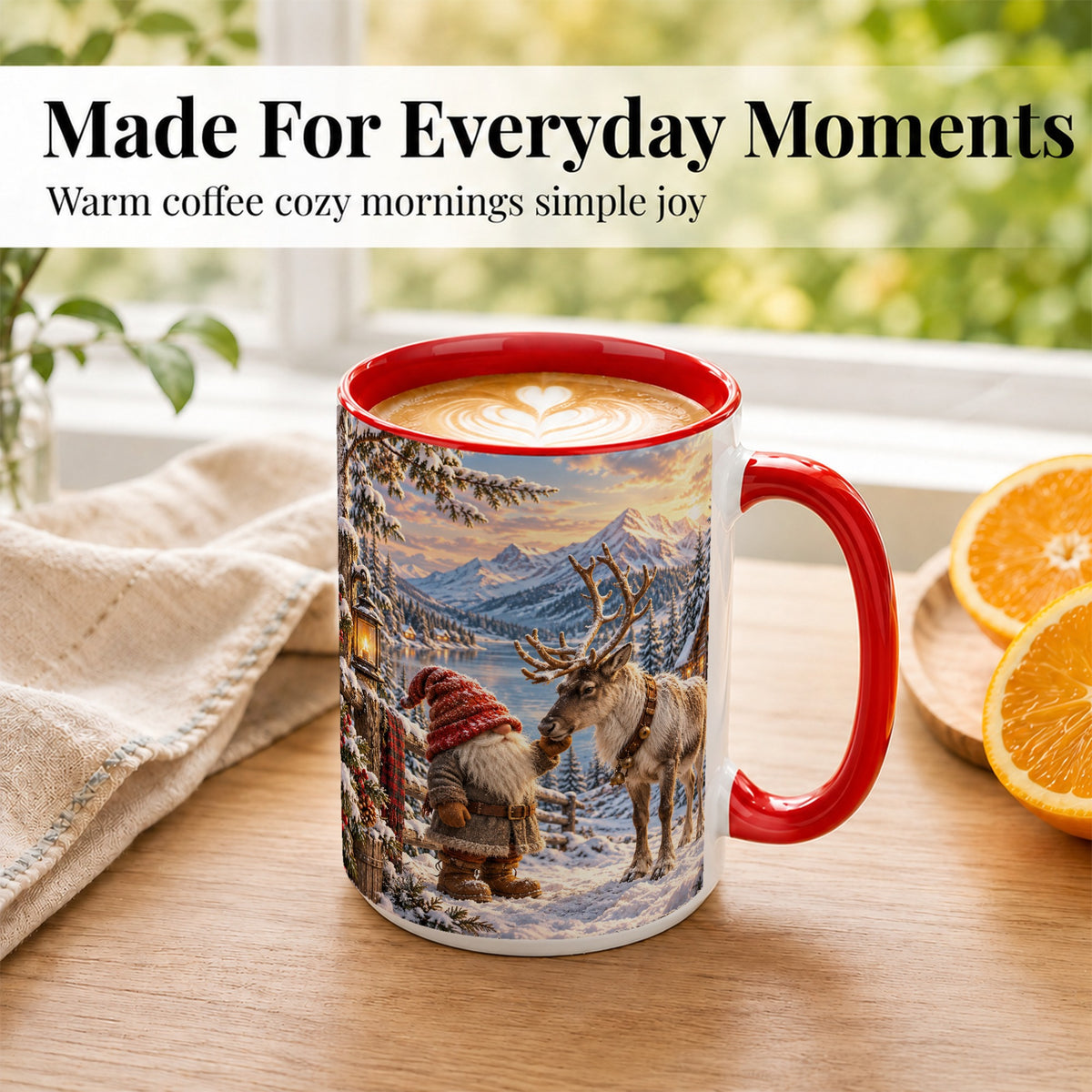 #pl[15oz|Red] Winter Gnome Reindeer Coffee Mug, Mountain Mug, Ceramic Cup