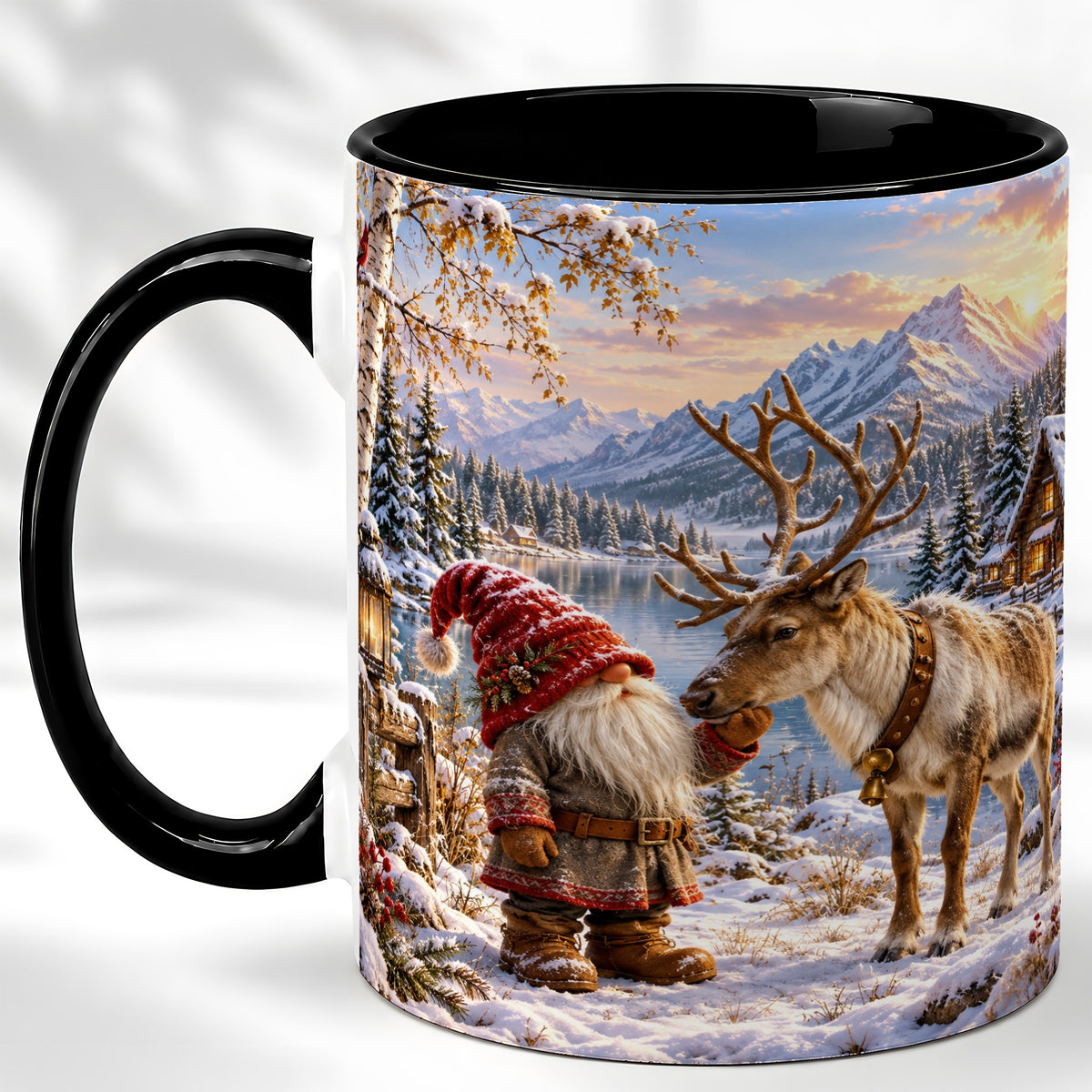 #pl[11oz|Black] Snowy Gnome Reindeer Coffee Mug, Mountain Mug, Ceramic Cup