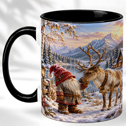 #pl[11oz|Black] Snowy Gnome Reindeer Coffee Mug, Mountain Mug, Ceramic Cup