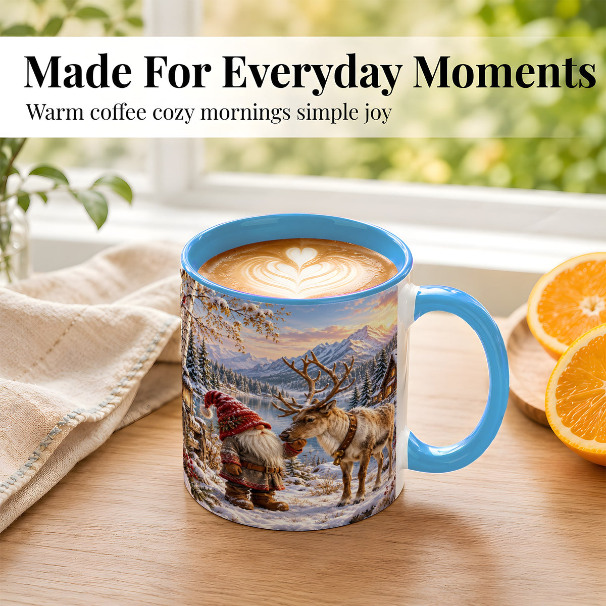 #pl[11oz|Blue] Snowy Gnome Reindeer Coffee Mug, Mountain Mug, Ceramic Cup