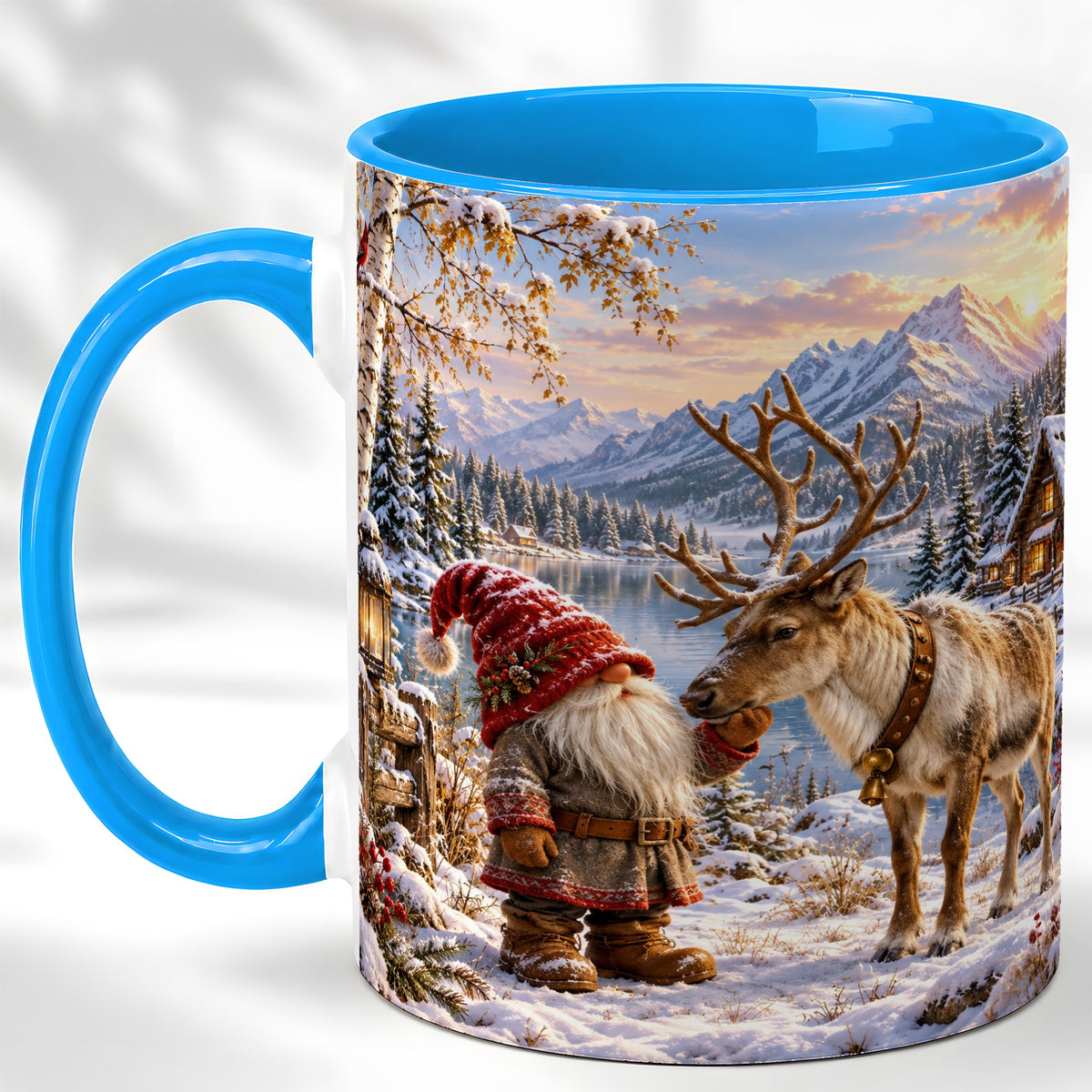 #pl[11oz|Blue] Snowy Gnome Reindeer Coffee Mug, Mountain Mug, Ceramic Cup