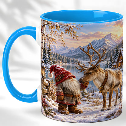 #pl[11oz|Blue] Snowy Gnome Reindeer Coffee Mug, Mountain Mug, Ceramic Cup