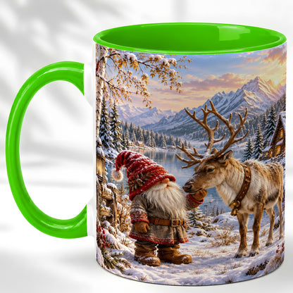 #pl[11oz|Green] Snowy Gnome Reindeer Coffee Mug, Mountain Mug, Ceramic Cup