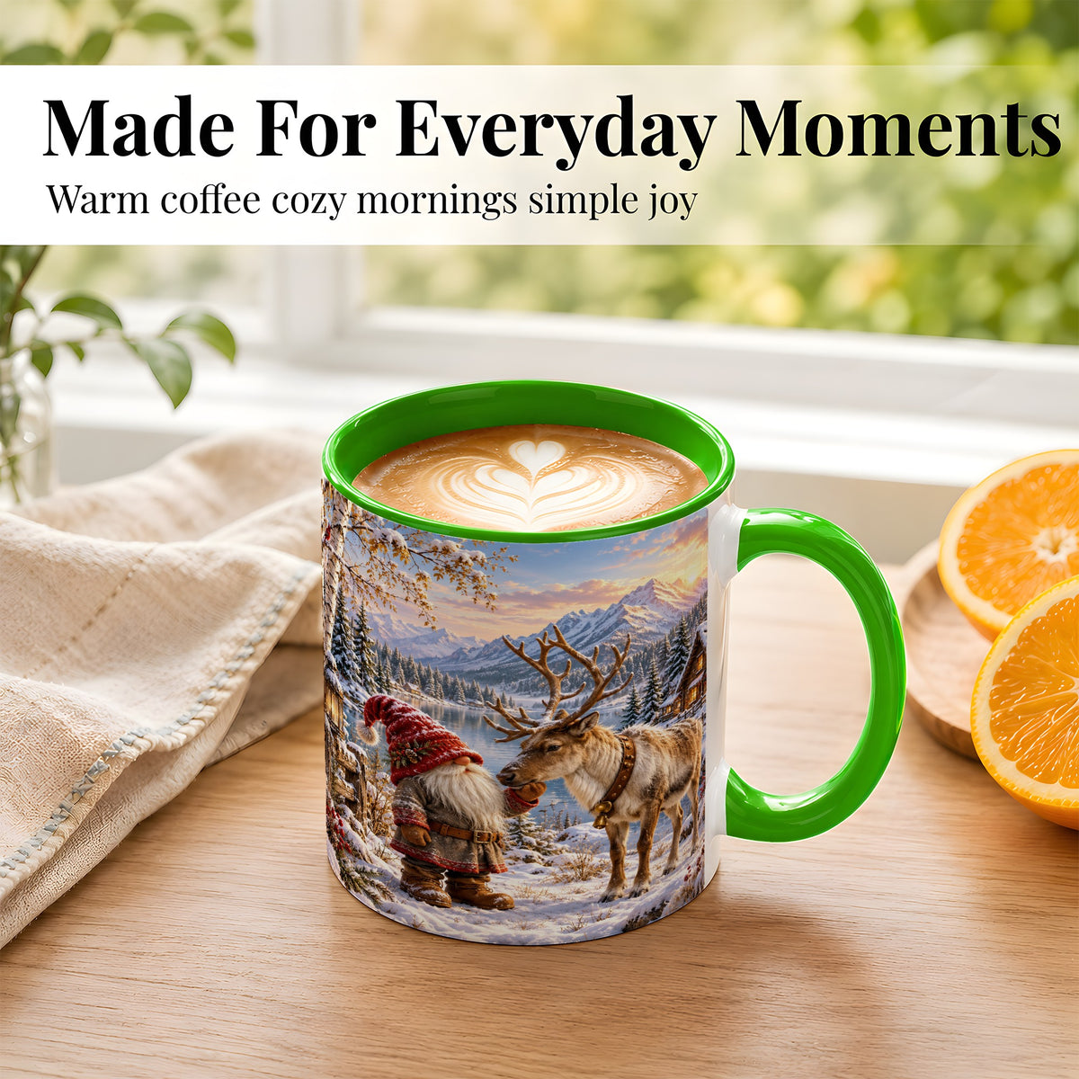 #pl[11oz|Green] Snowy Gnome Reindeer Coffee Mug, Mountain Mug, Ceramic Cup