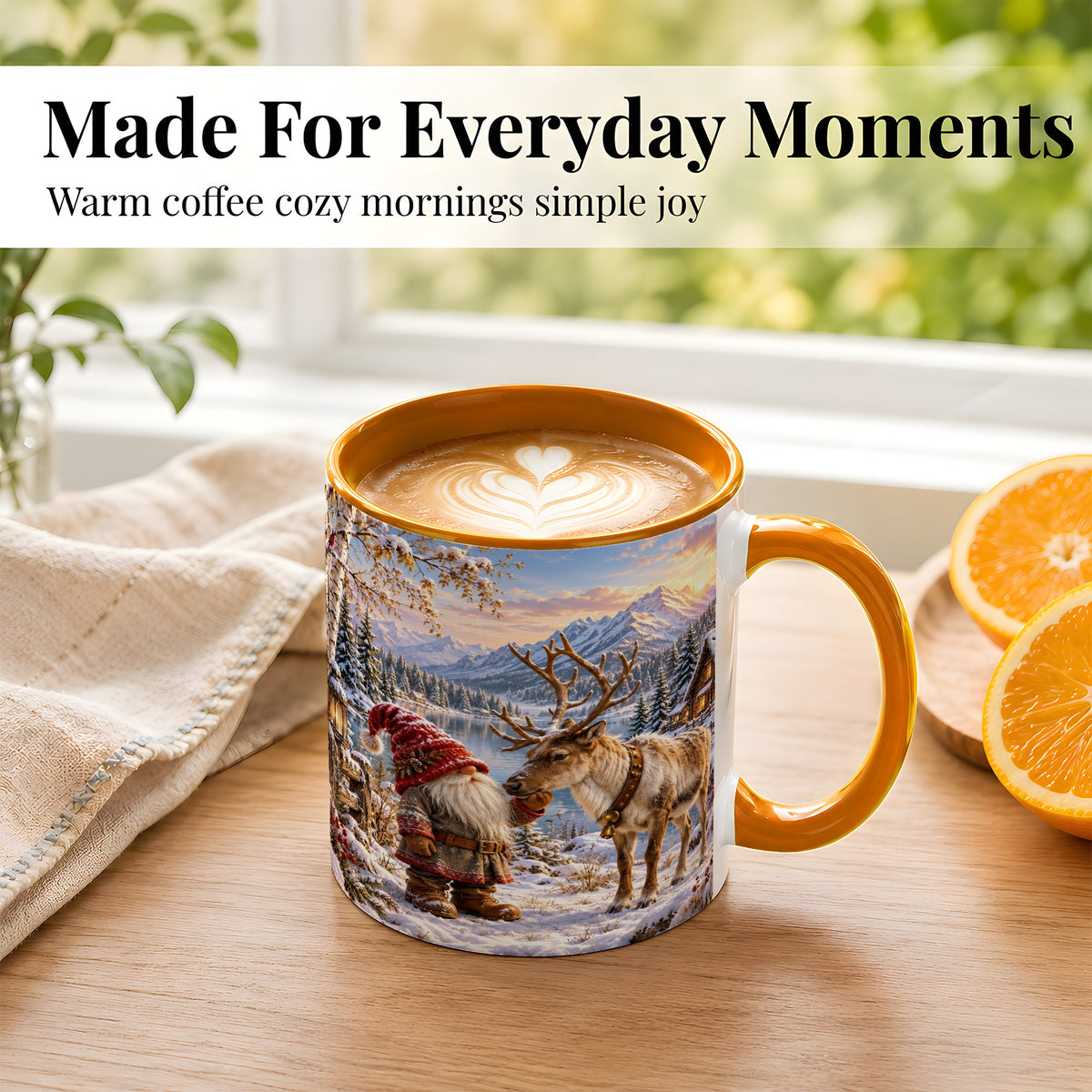 #pl[11oz|Orange] Snowy Gnome Reindeer Coffee Mug, Mountain Mug, Ceramic Cup