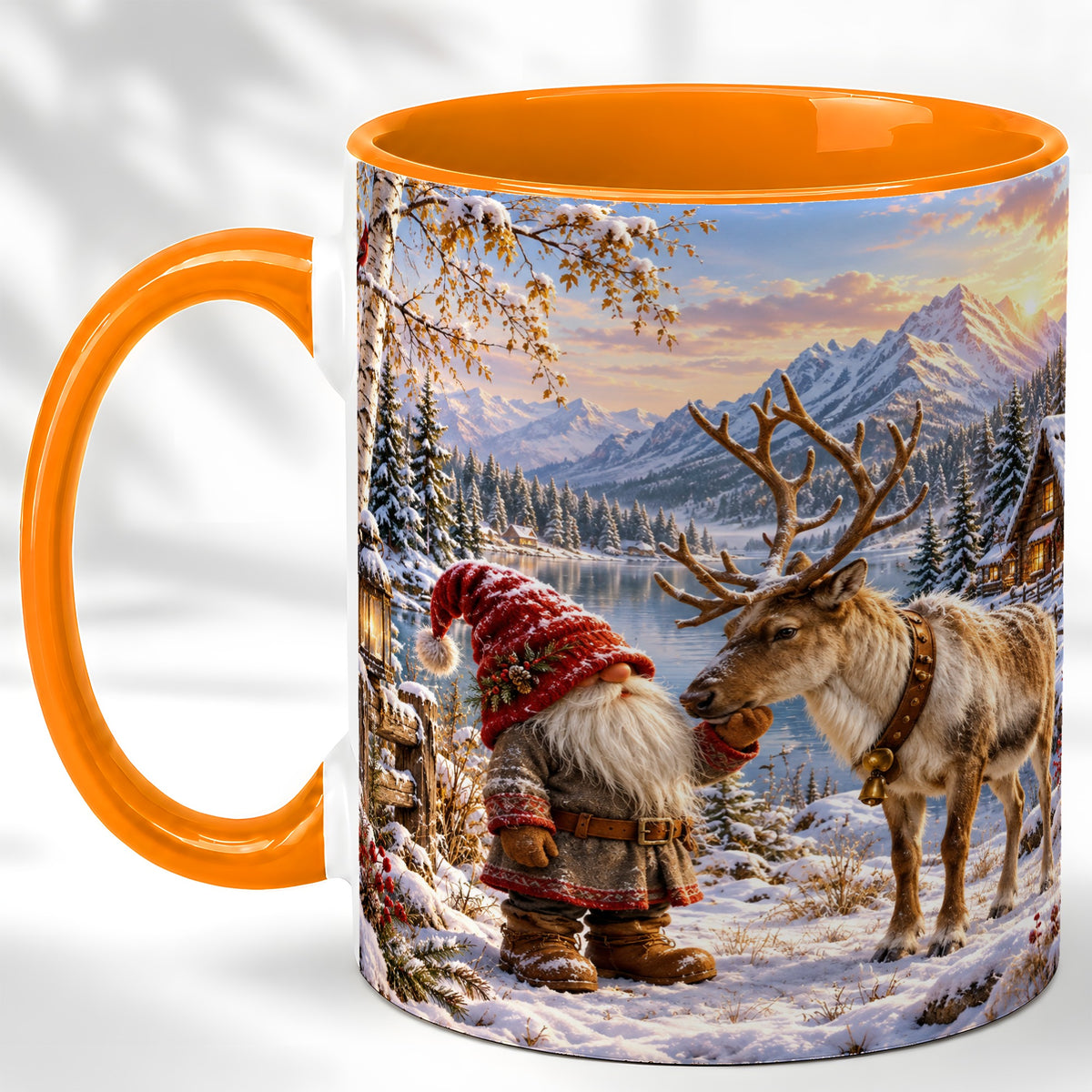 #pl[11oz|Orange] Snowy Gnome Reindeer Coffee Mug, Mountain Mug, Ceramic Cup
