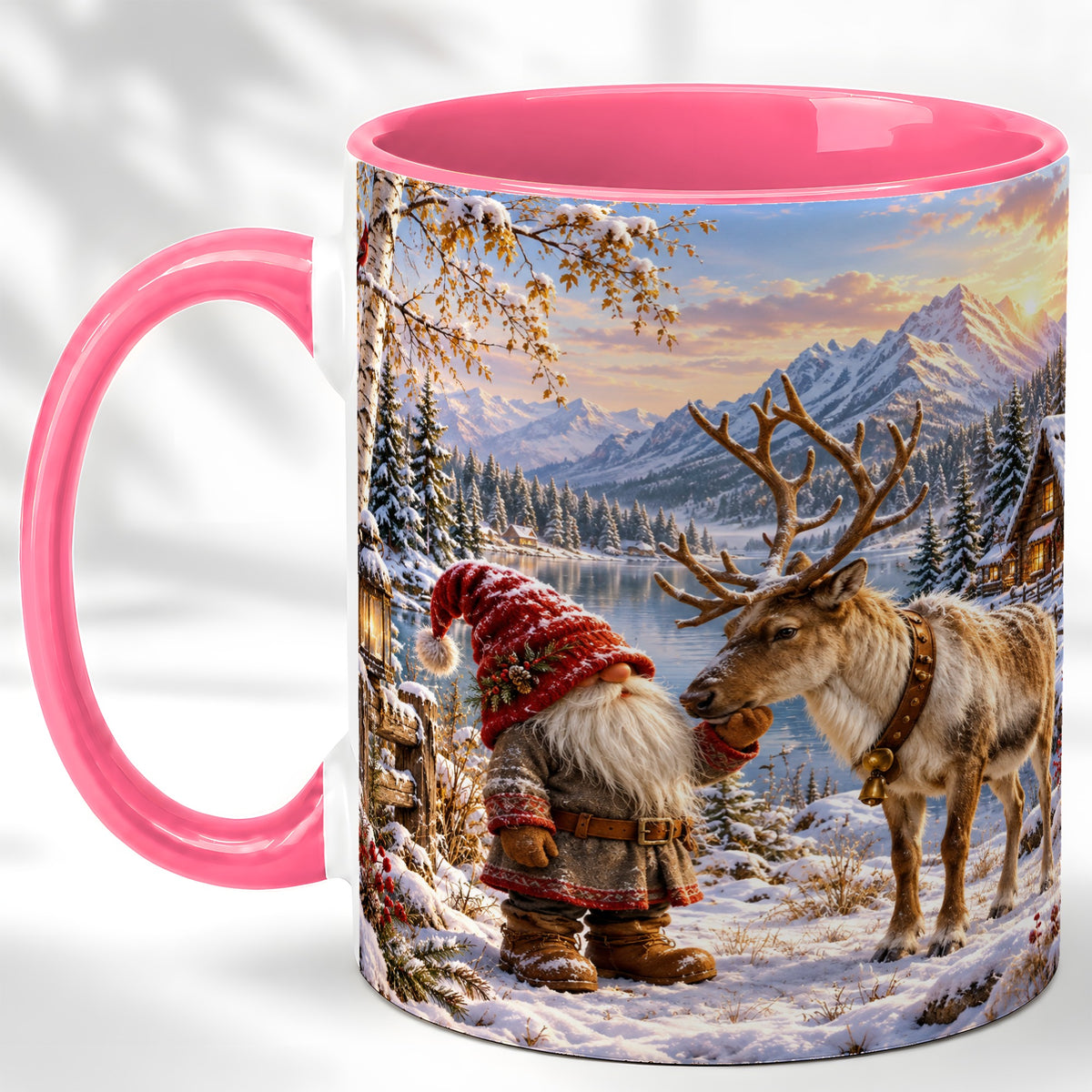 #pl[11oz|Pink] Snowy Gnome Reindeer Coffee Mug, Mountain Mug, Ceramic Cup