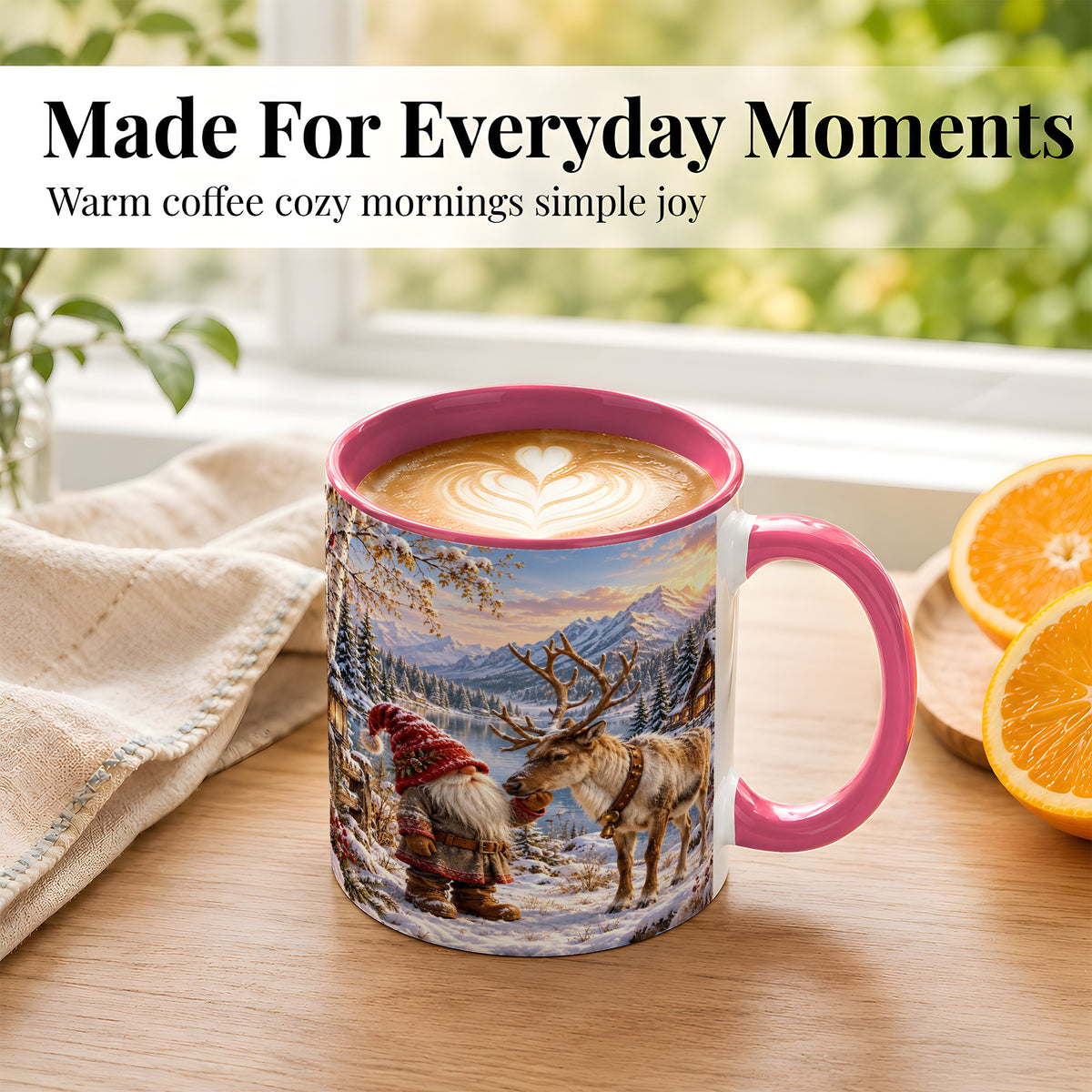 #pl[11oz|Pink] Snowy Gnome Reindeer Coffee Mug, Mountain Mug, Ceramic Cup