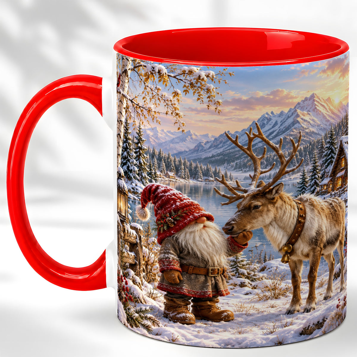 Snowy Gnome Reindeer Coffee Mug, Mountain Mug, Ceramic Cup